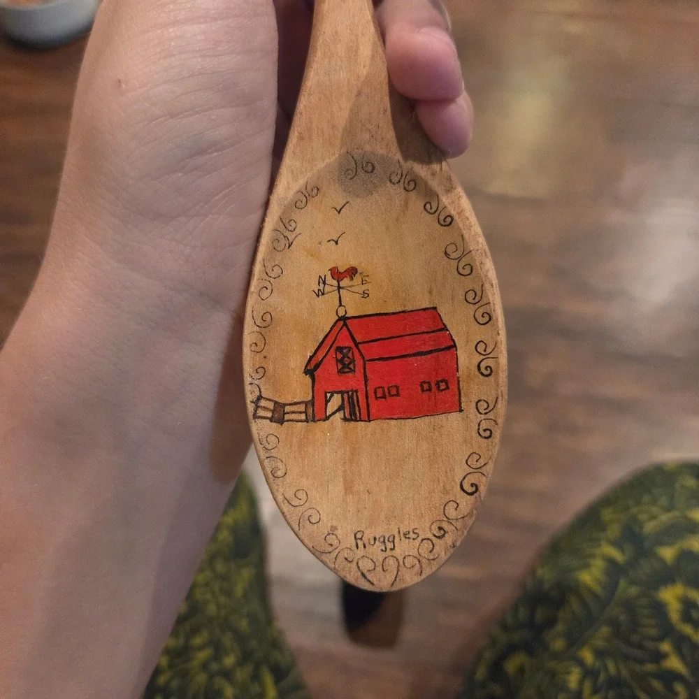 Antique Ruggles Hand Painted Wooden Spoon Red Barn Folk Art Wall Decor 12.5in